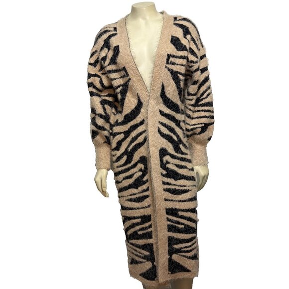 Lalavon S/M Beige Black Zebra Animal Print Long Open Fuzzy Cardigan Sweater - Picture 1 of 7
